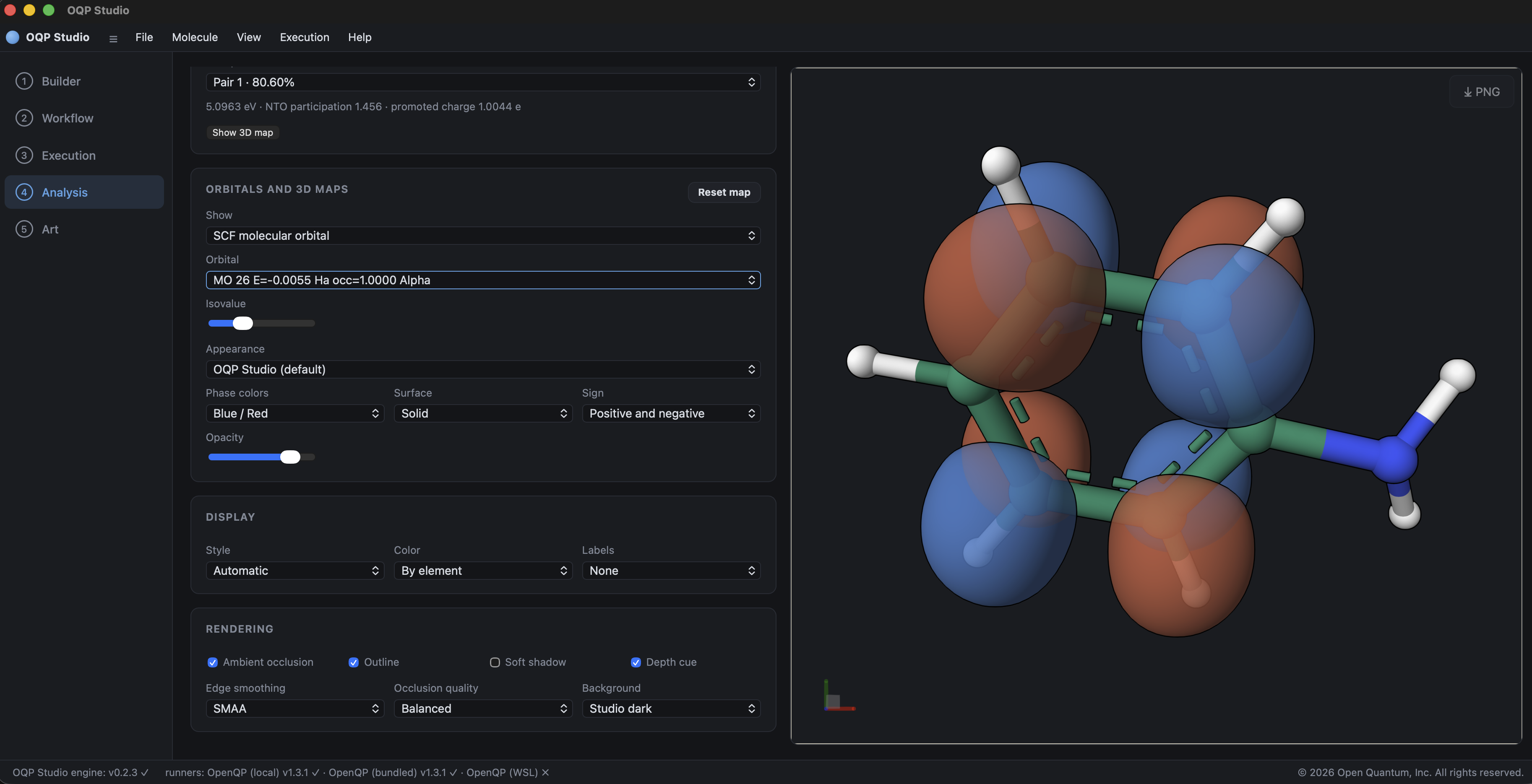 OQP Studio Analysis showing a selected SCF molecular orbital, isovalue and phase controls, and the three-dimensional orbital surface