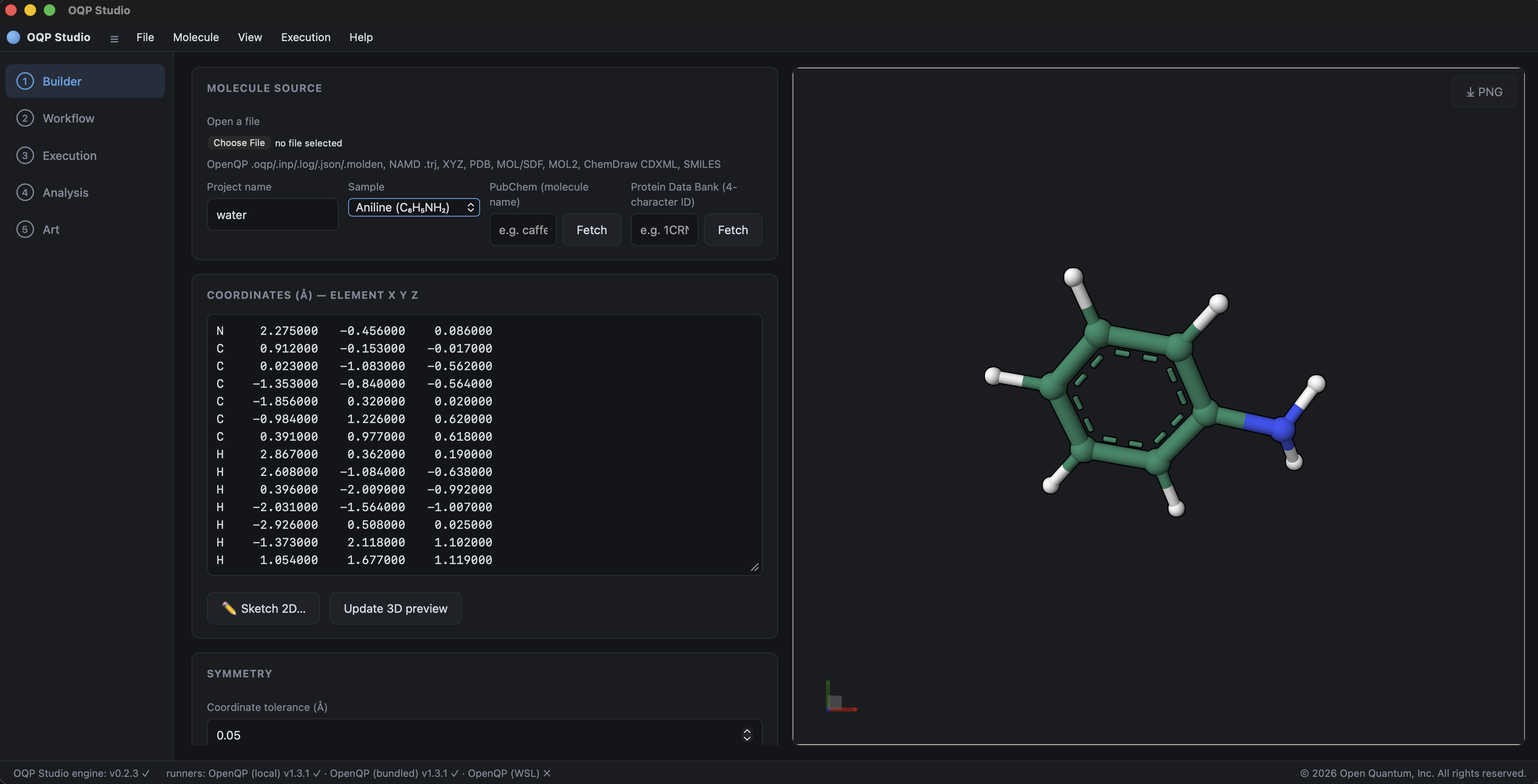 OQP Studio Builder showing Cartesian coordinates for aniline and the corresponding three-dimensional molecular preview